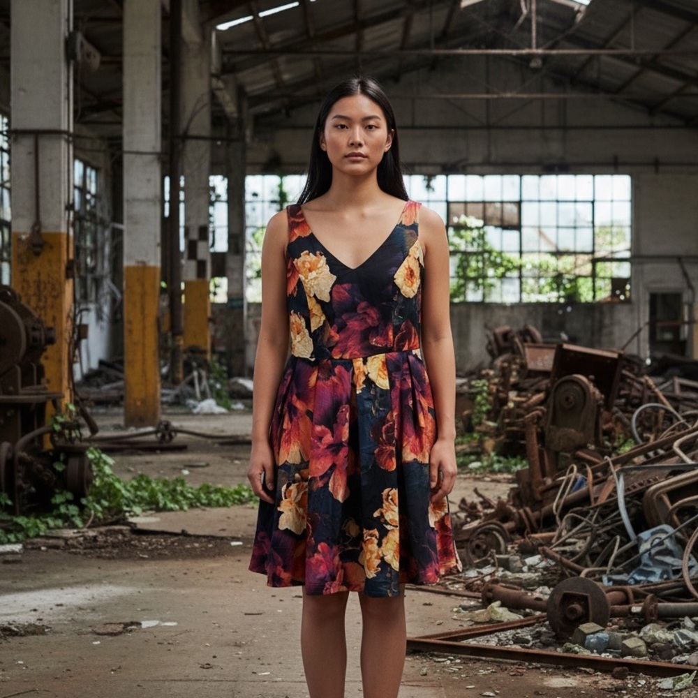 City Chic Black Floral V-Neck Pleated Mini Dress with Orange and Cream Blooms